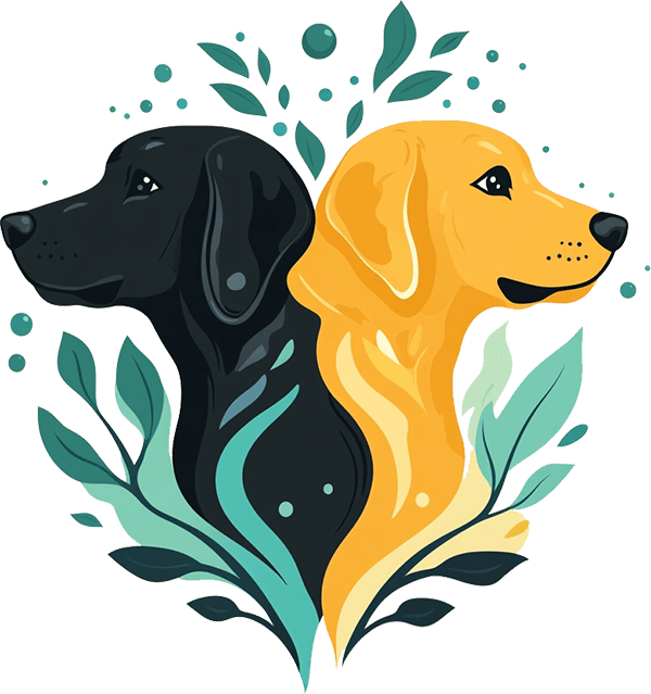 Illustrated logo of two dogs back-to-back surrounded by leaves – ZozoPets natural pet care brand
